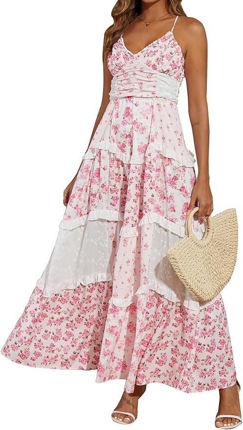 Women Floral Maxi Dress Spaghetti Straps V Neck Lace Patchwork Flowy Tiered Wedding Guest Long Dr... | Amazon (US)