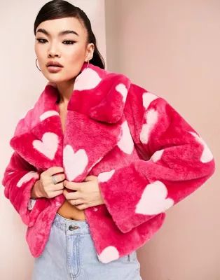 ASOS LUXE fitted short faux fur coat in pink hearts | ASOS (Global)