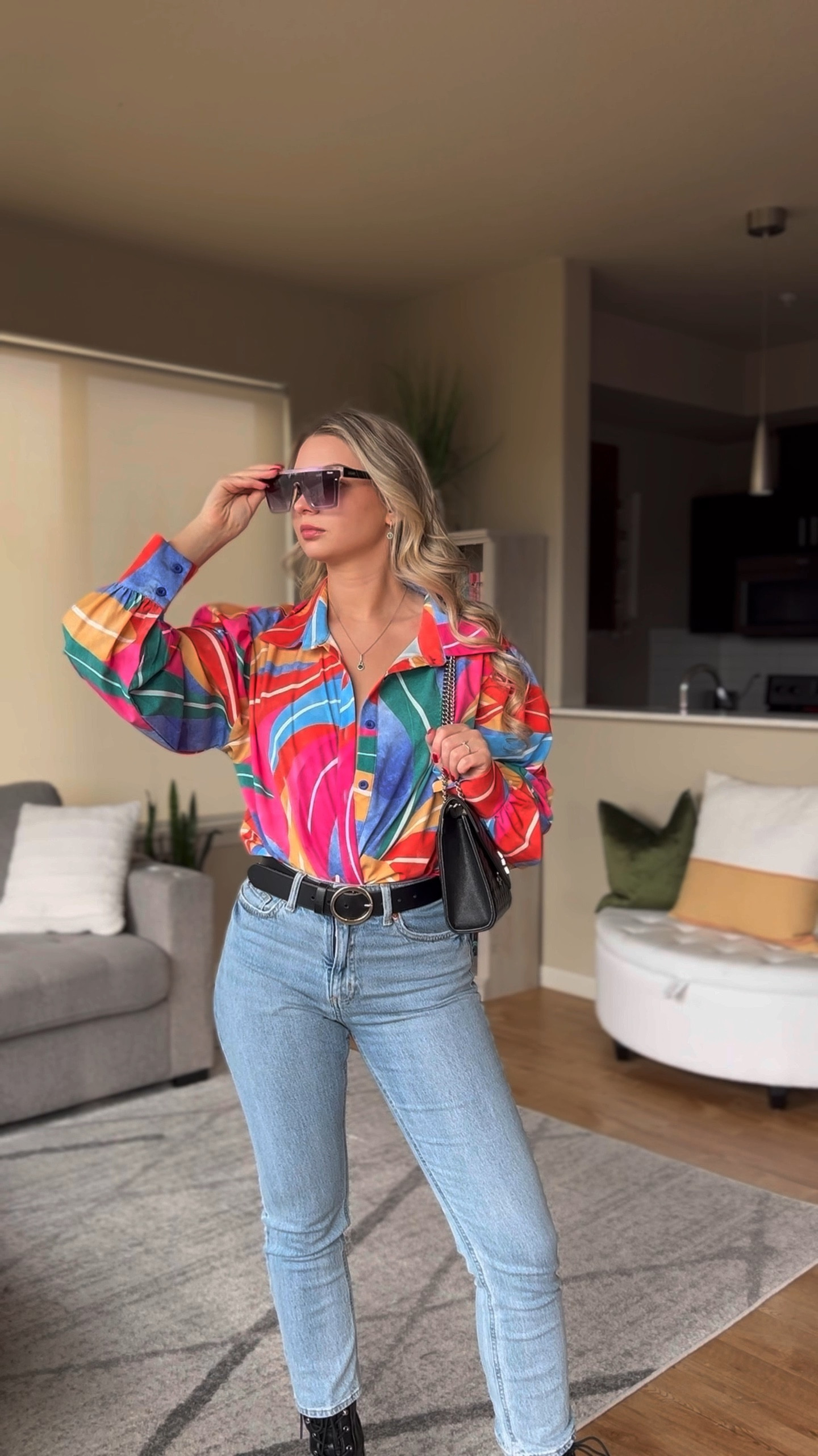Bra hack - using this backless deep v cut bra for this outfit. The straps are adjustable in so many ways. This fun blouse is from Amazon. Jeans from H&M and paired with fun sunnies from quay Australia. 

#LTKSeasonal #LTKstyletip #LTKVideo