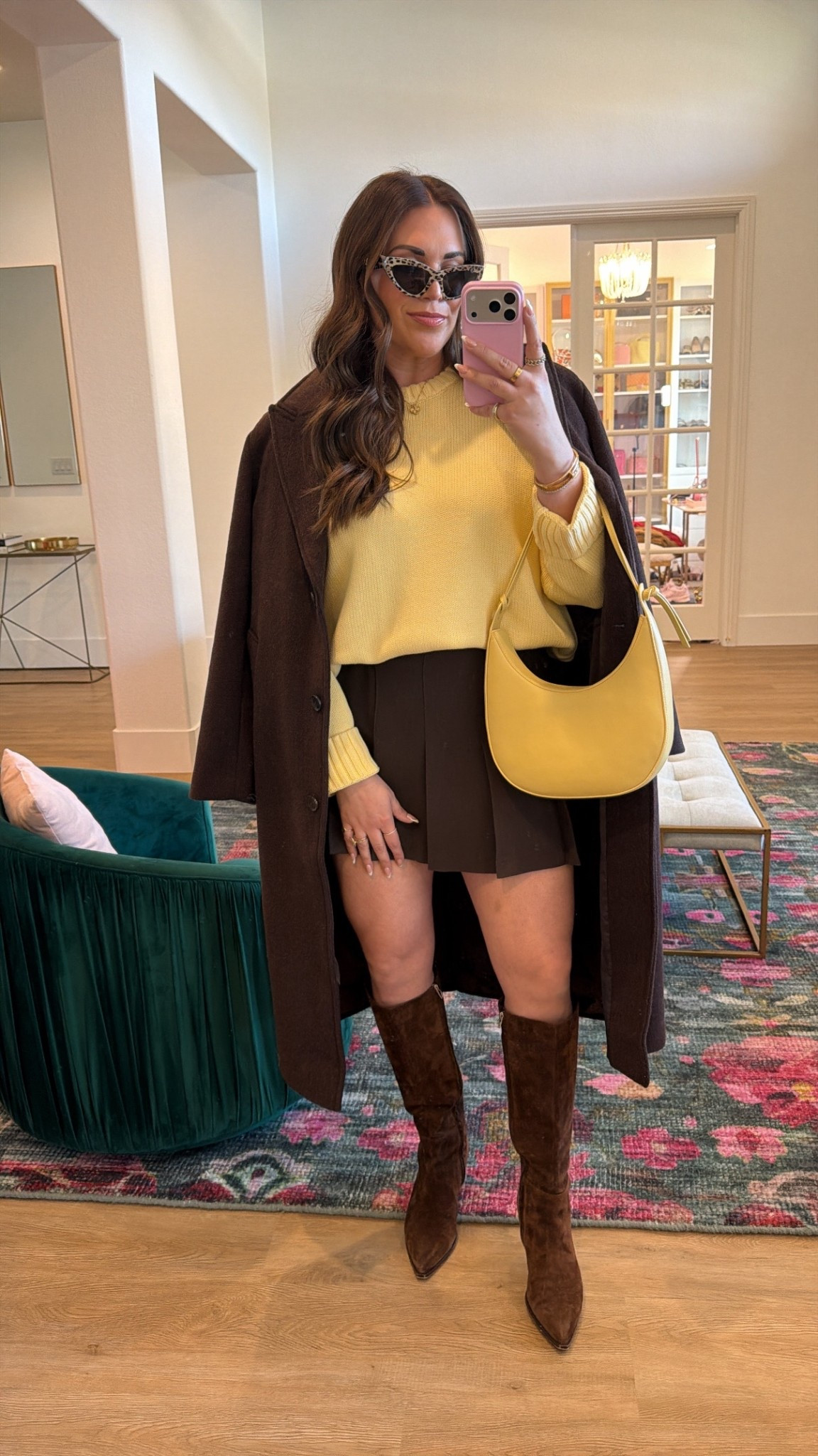 curvy midsize butter yellow and chocolate brown winter outfit! wearing size large in butter yellow sweater, size large in brown skirt, and size large in brown wool coat 

#LTKMidsize #LTKSeasonal #LTKFindsUnder100