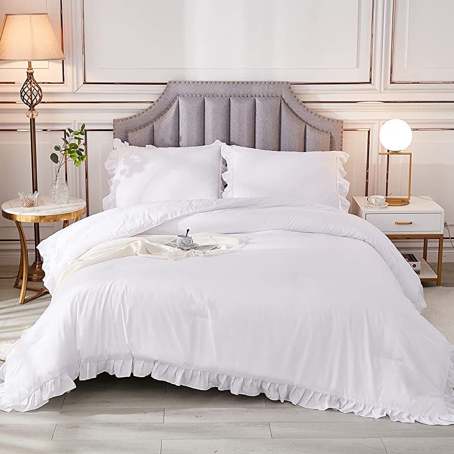 Andency White Comforter Queen Set(90x90Inch), 3 Pieces(1 Ruffle Comforter and 2 Pillowcases) Ligh... | Amazon (US)
