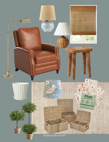 Favorite decor finds in January according to our TIR followers! Leather recliner, Swedish dishcloths, lidded baskets, jute and cotton rug, boxwoods, scalloped planter pots, oval wood stool accent table, bamboo shades, rattan lamp pleated shade, scalloped shade lamp, brass floor reading pharmacy lamp, strawberry thief lampshade 