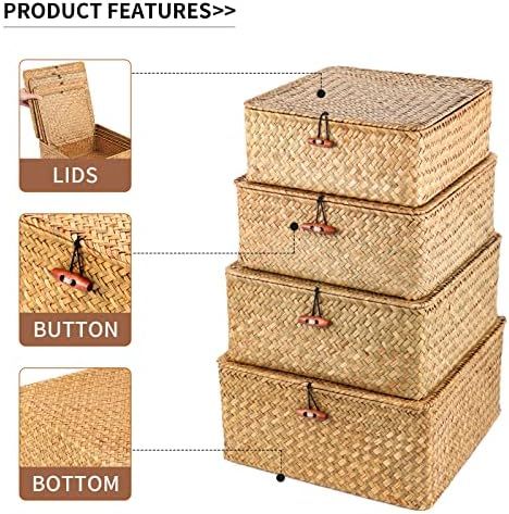Cube Stackable Storage Bins with Lids, Wicker Woven Storage Baskets for Shelves, Set of 4 Seagrass D | Amazon (US)