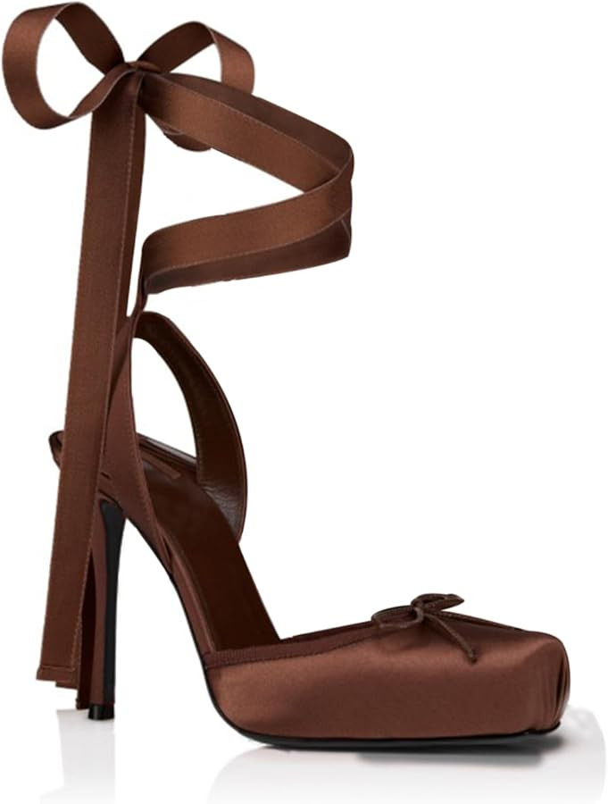 Satin Ballet Heels Lace Up Closed Square Toe Stiletto High Bow Ballerina Slingback Pumps Strappy ... | Amazon (US)