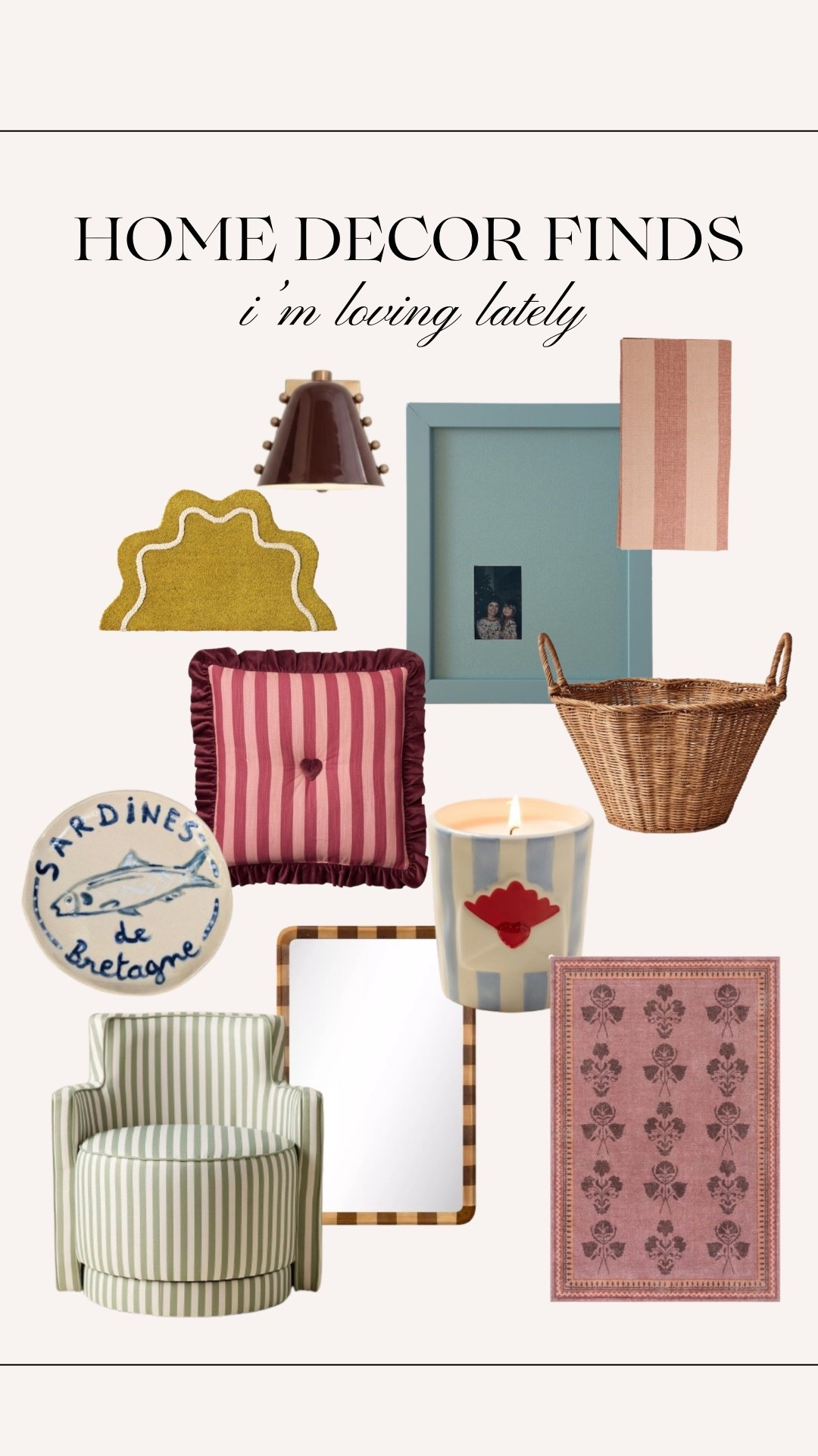 A few recent home finds I’m into 🤍 stripes (forever), the coolest mid-century light, a good woven basket, pretty little ceramics, and a soft pop of pink. It’s that mix of vintage + playful that makes everything feel layered and lived-in. 

#LTKhome #LTKfinds #HomeDecor #MidCenturyStyle #StripedHome #PinkDecor  #ModernVintage 

#LTKHome
