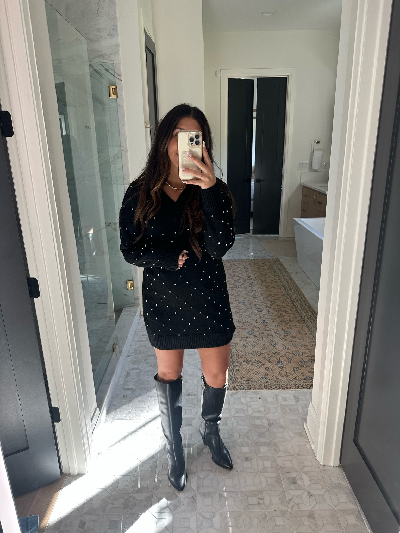 Little black sweater dress with rhinestone detailing! This would be so good for the holidays but still really cozy. 

Dress: small
Boots: DUB X Vince collection coming 10/26!

#LTKHoliday #LTKSeasonal #LTKstyletip