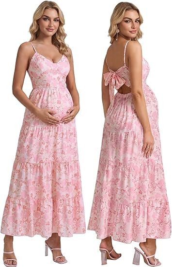 HTZMO Maternity Floral Summer Maxi Dress Bow Tie V Neck Baby Shower Photoshoot Casual Boho Long S... | Amazon (US)