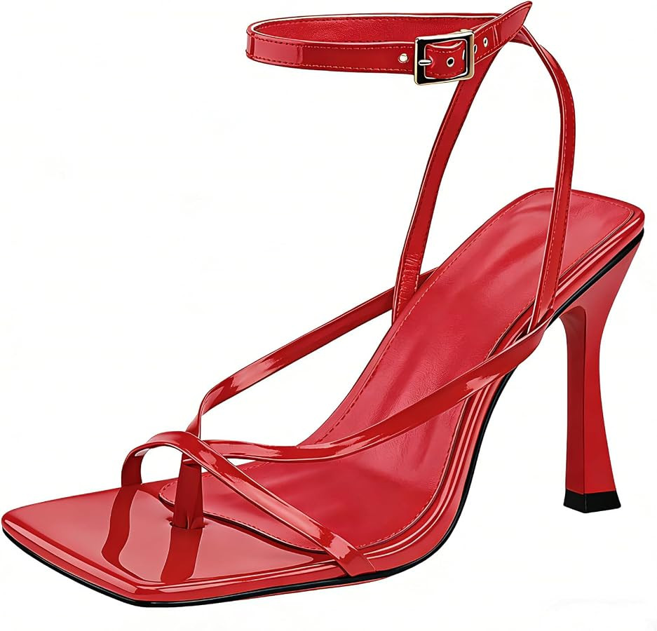 Women's Thong Heeled Sandals Square Toe Stiletto Dress Sandals with Adjustable Ankle Strap for We... | Amazon (US)