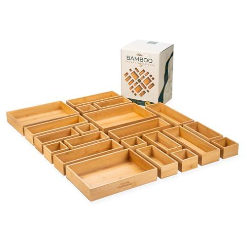 Grow Forward Bamboo Drawer Organizer Boxes - Set of 21 Wooden Drawer Organizers for Kitchen, Bathroom, Office, Desk, Vanity, Makeup - Non-Slip Junk Drawer Organizer Trays for Storage and Organization | Amazon (US)
