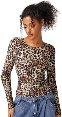 QINSEN Womens Crewneck Long Sleeve Shirt Double Lined Basic Tees Side Ruched Going Out Crop Tops | Amazon (US)