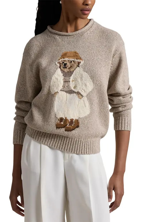 Polo Ralph Lauren Creamy Bear Intarsia Roll Neck Sweater in Mushroom Marl Multi at Nordstrom, Size X-Small | Nordstrom
