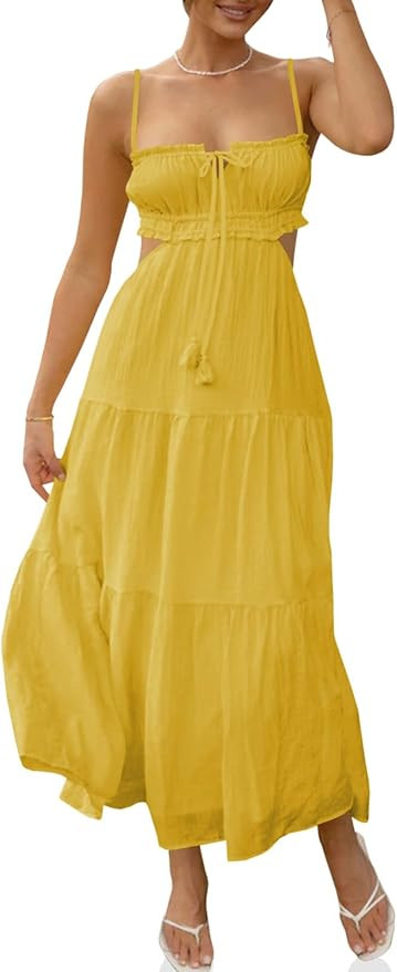 Fisoew Women's Spaghetti Strap Maxi Dress Summer Sleeveless Side Cut Out Dress Casual Boho Backle... | Amazon (US)