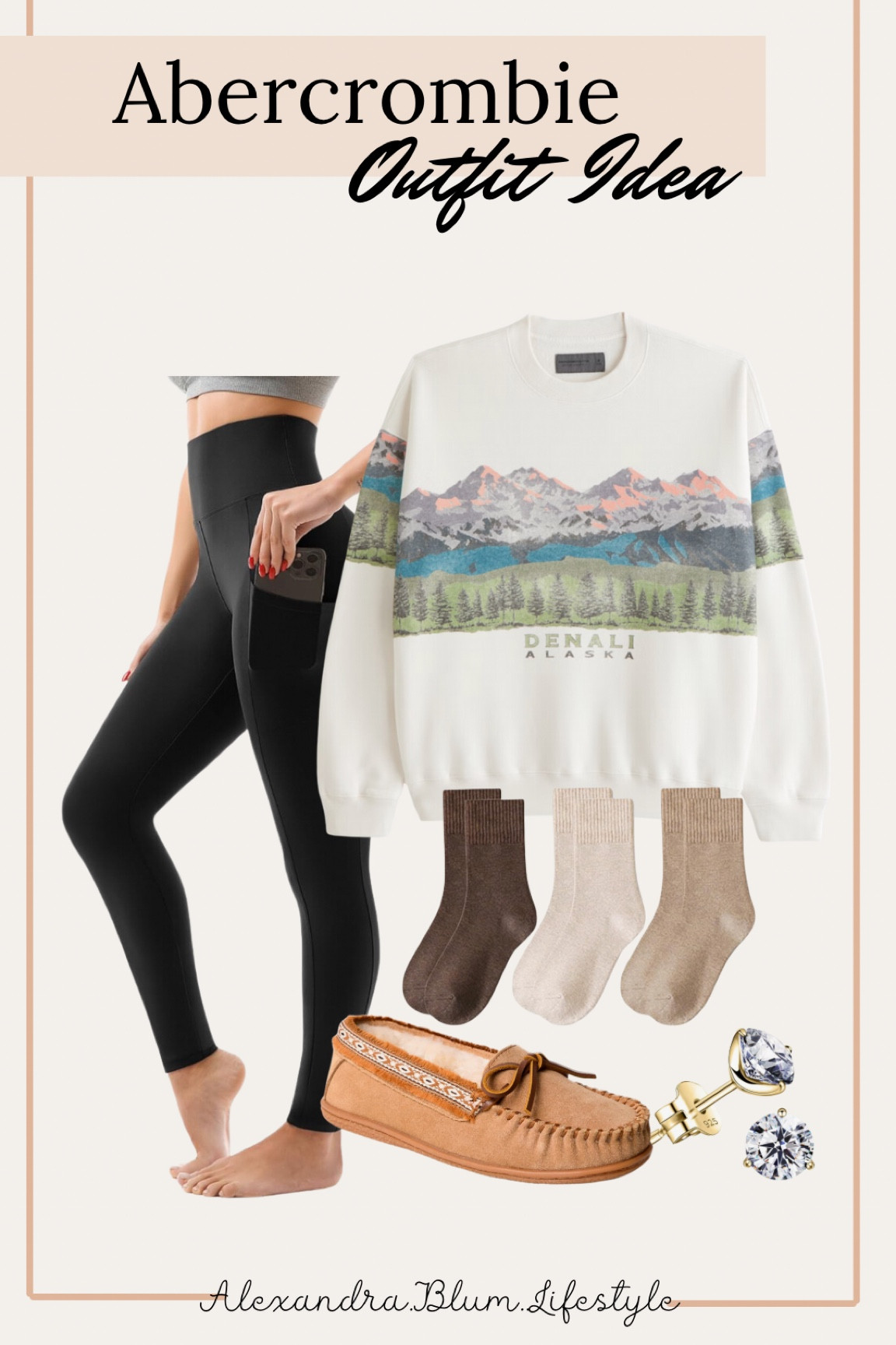 Cute graphic sweatshirt from Abercrombie! Casual outfit idea for mountain vacations, ski outfit, and resort wear! Black pocket leggings, boot socks and Minnetonka slippers all from Amazon! Outdoor outfit idea! Hiking outfit! 

#LTKFindsUnder100 #LTKShoeCrush #LTKSeasonal