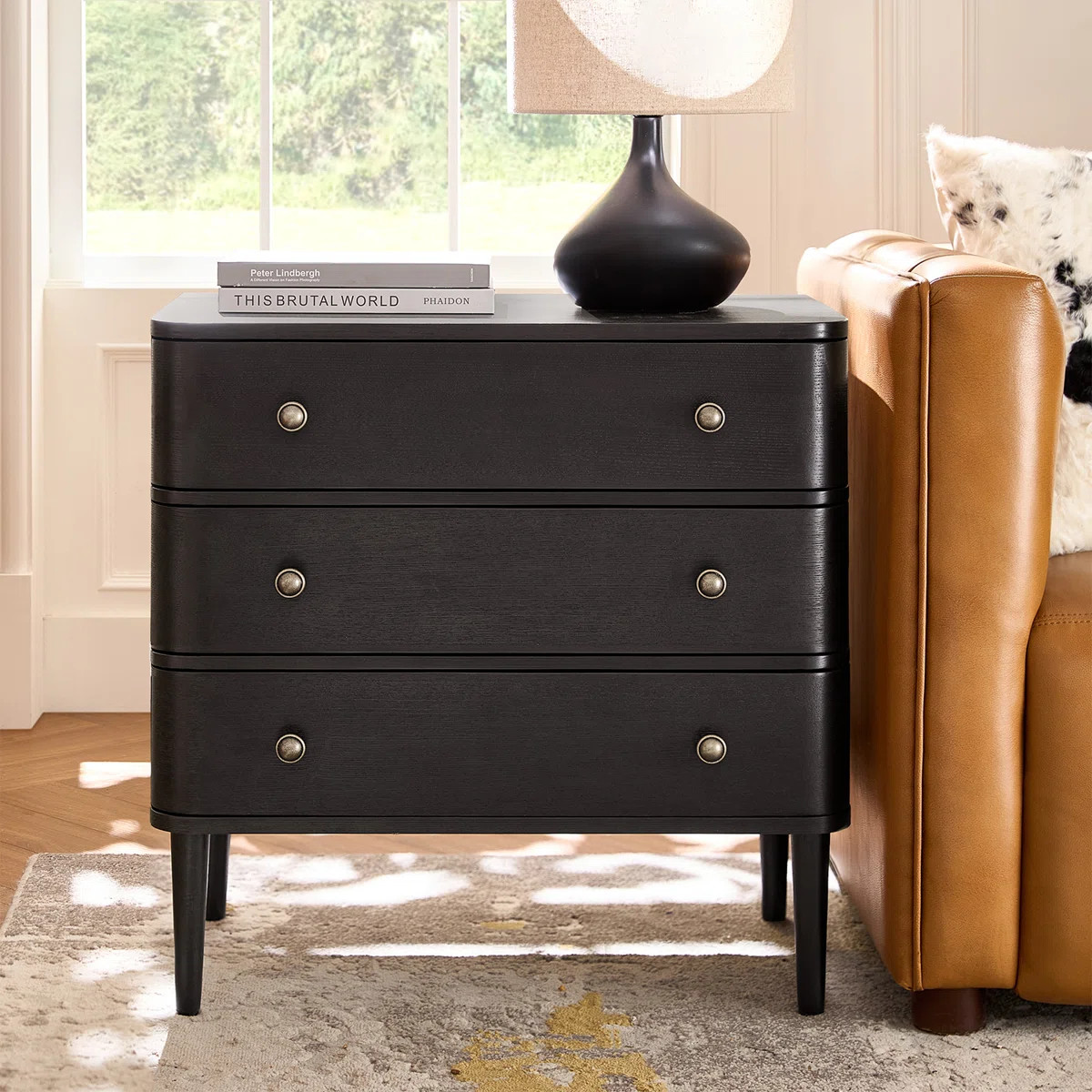 Cridford Modern 26"W 3-Drawer End Table and Curved Body with Solid Wood Legs Built-in Outlet | Wayfair North America