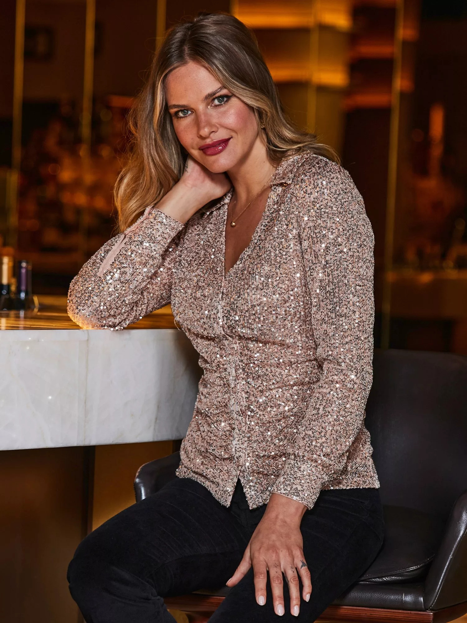 Sosandar Sequin Ruched Front Shirt, Rose Gold | John Lewis (UK)