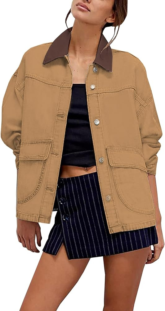Lumister Women's Oversized Denim Jacket with Contrast Trim Long Sleeve Button Down Jean Coat with... | Amazon (US)