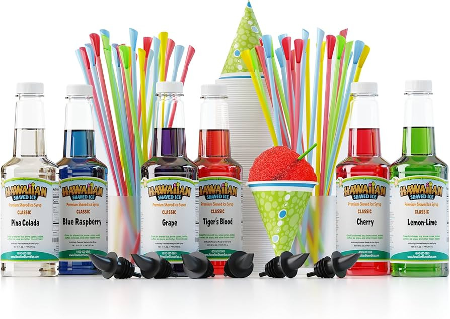 Hawaiian Shaved Ice Syrup Assortment with 6 - 16oz Bottles, 50 Snow Cone Cups, 50 Spoon Straws, a... | Amazon (US)