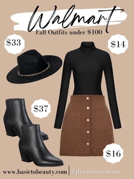 Walmart Fall Outfit Under $100 • Black Rancher Hat • Black Bodysuit • Brown Vintage Midi Skirt • Black Leather Boots 

#LTKSeasonal #LTKstyletip #LTKunder100