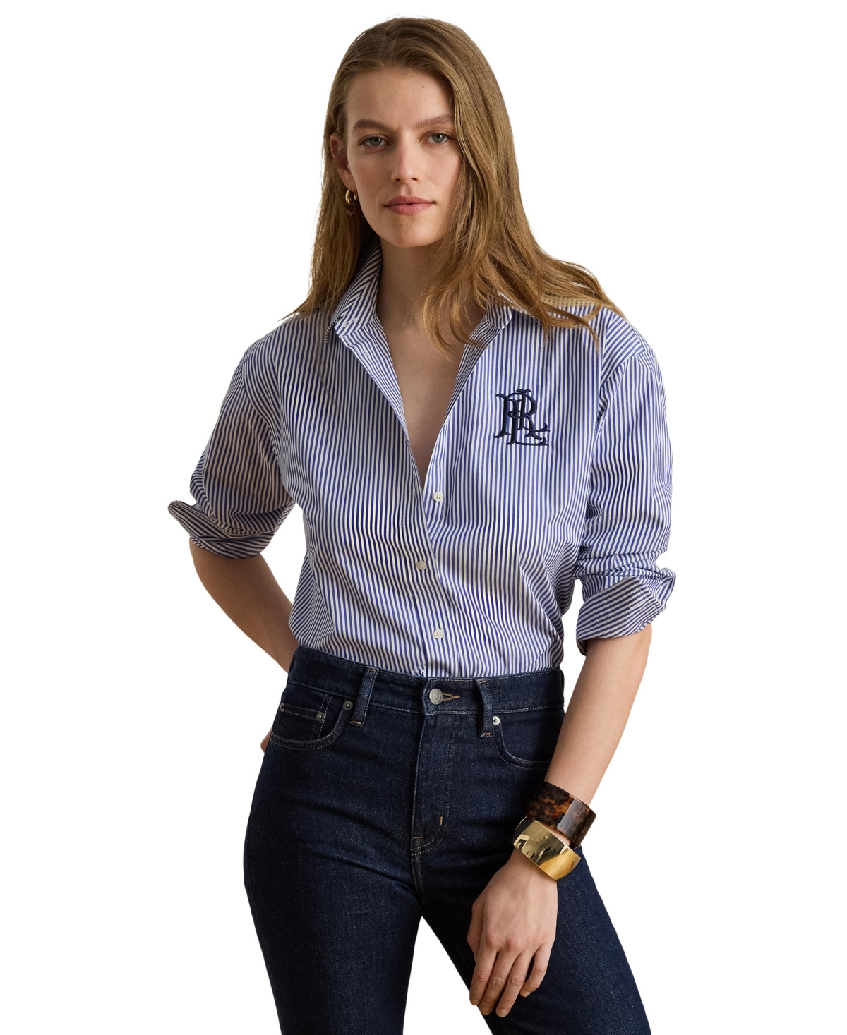 Lauren Ralph Lauren Women's Striped Long-Sleeve Shirt - Blue/White | Macy's