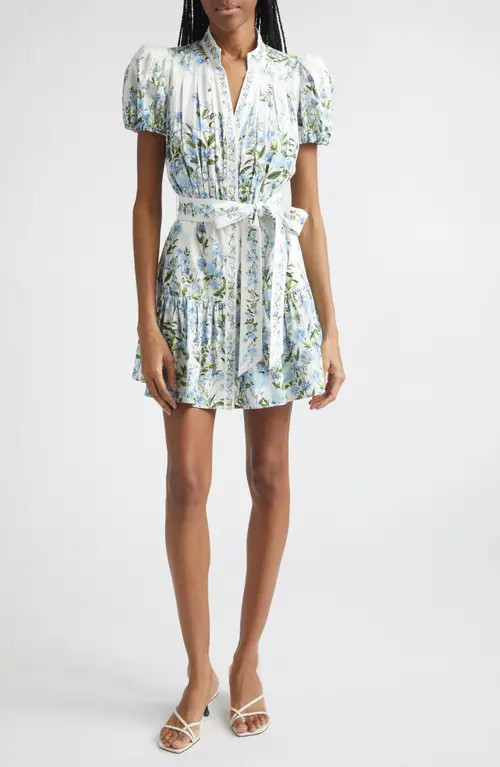 Alice + Olivia Cora Puff Sleeve Tie Belt Stretch Cotton Mini Shirtdress in Fresh Air Carolina Blue at Nordstrom, Size Small | Nordstrom