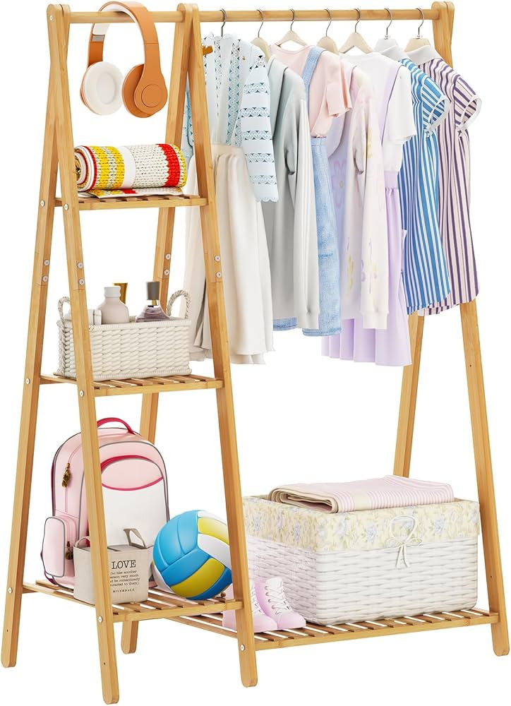 Small Clothes Racks,Kids Clothes Hanging Rack, Bamboo Wood Clothing Garment Rack with Shelves, Fr... | Amazon (US)