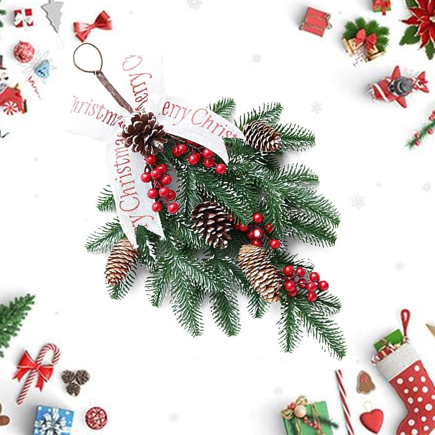 Christmas Swag, Pine Needle Door Teardrop Wreath, Swag Decoration with Red Fruit Teardrops and Pi... | Amazon (US)
