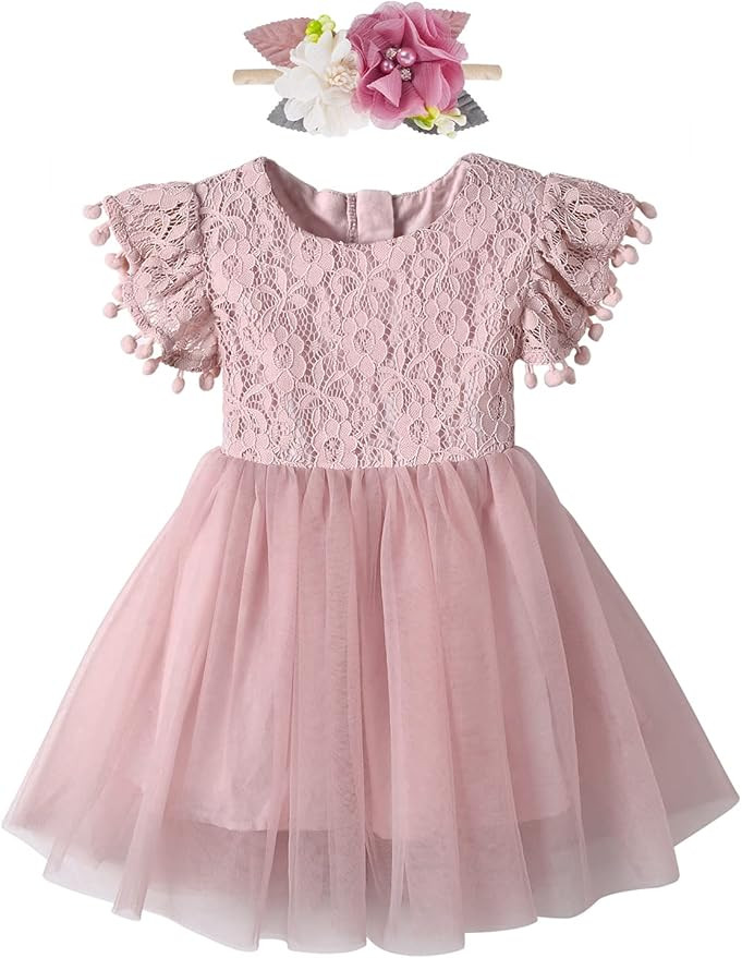 Tutu Dreams Lace Pom poms Tutu Dress for Girls Flower Girl Tulle Dresses Birthday Wedding Party C... | Amazon (US)