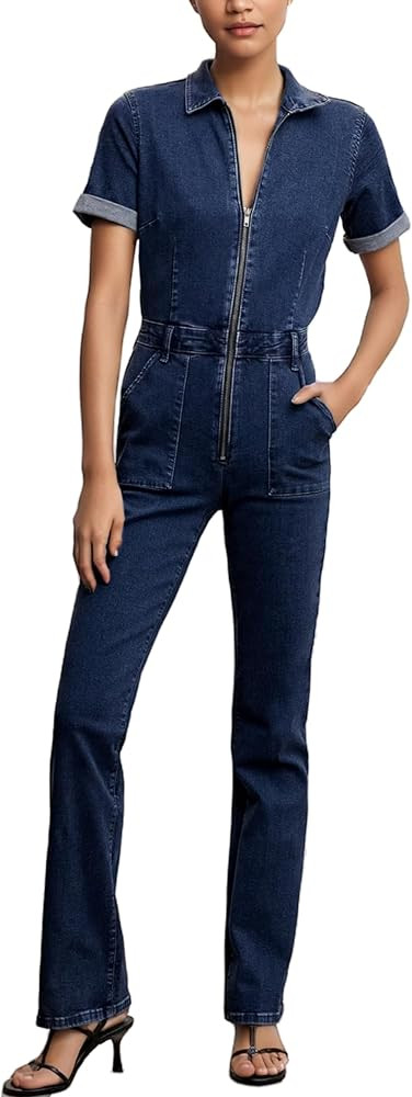 Slim Zip Up Denim Jumpsuit for Women Sexy Short Sleeve Flare Jeans Long Pants One Piece Rompers w... | Amazon (US)