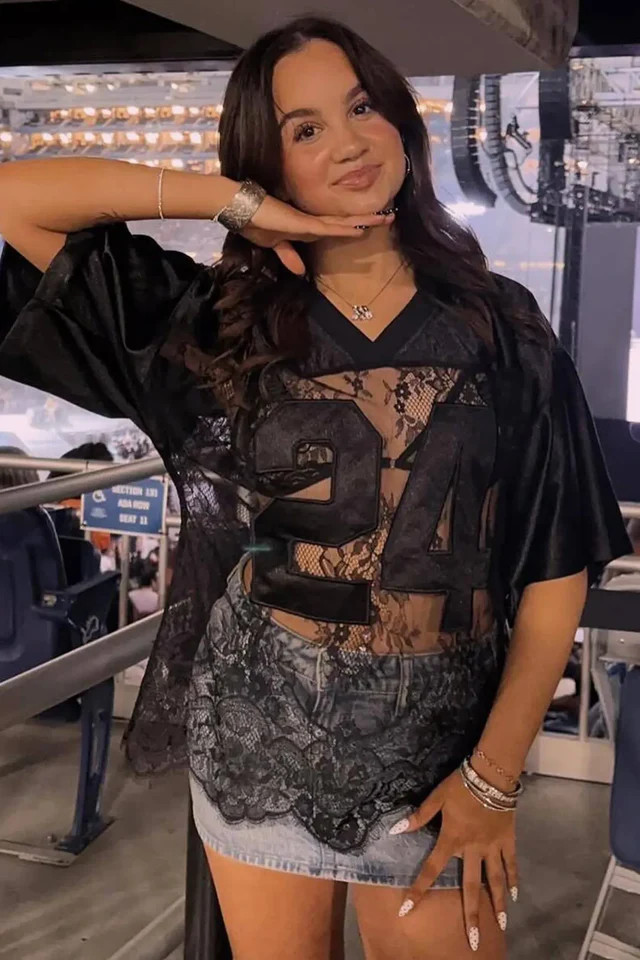 Sporty Chic Lace V-Neck 24 Graphic Jersey Top | Windsor Stores