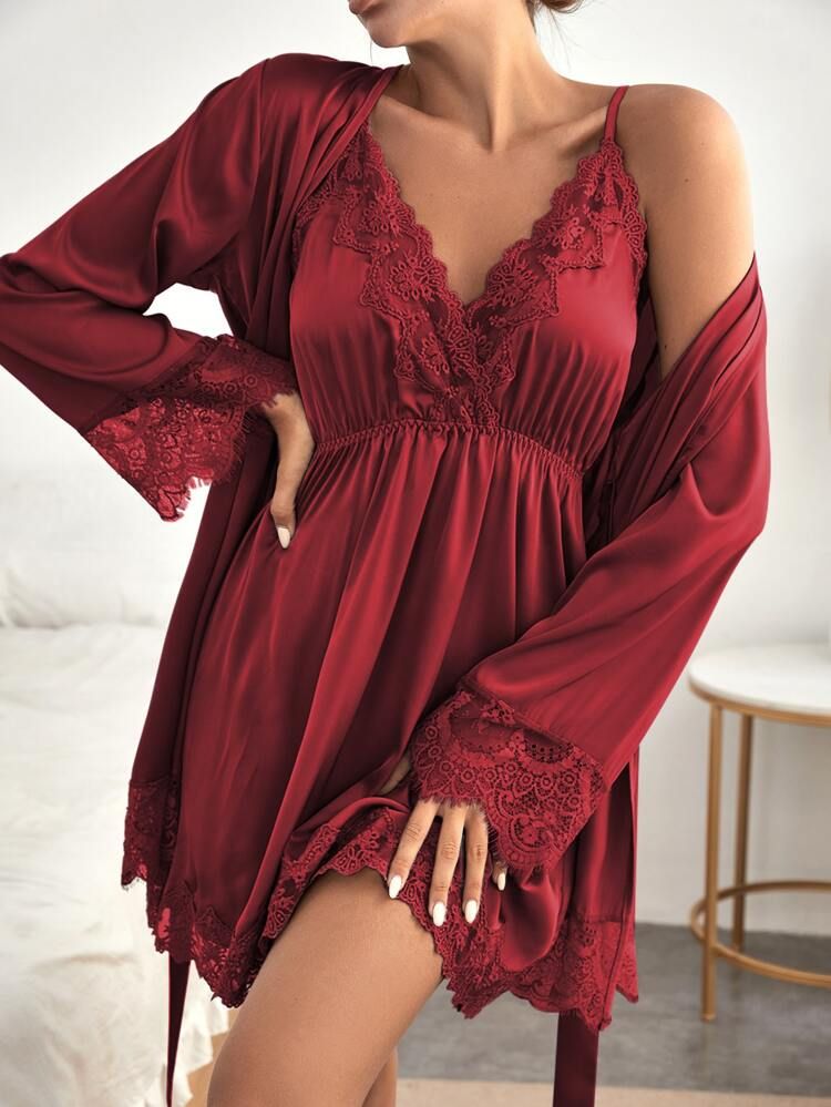 Contrast Lace Satin Nightdress With Belted Robe | SHEIN