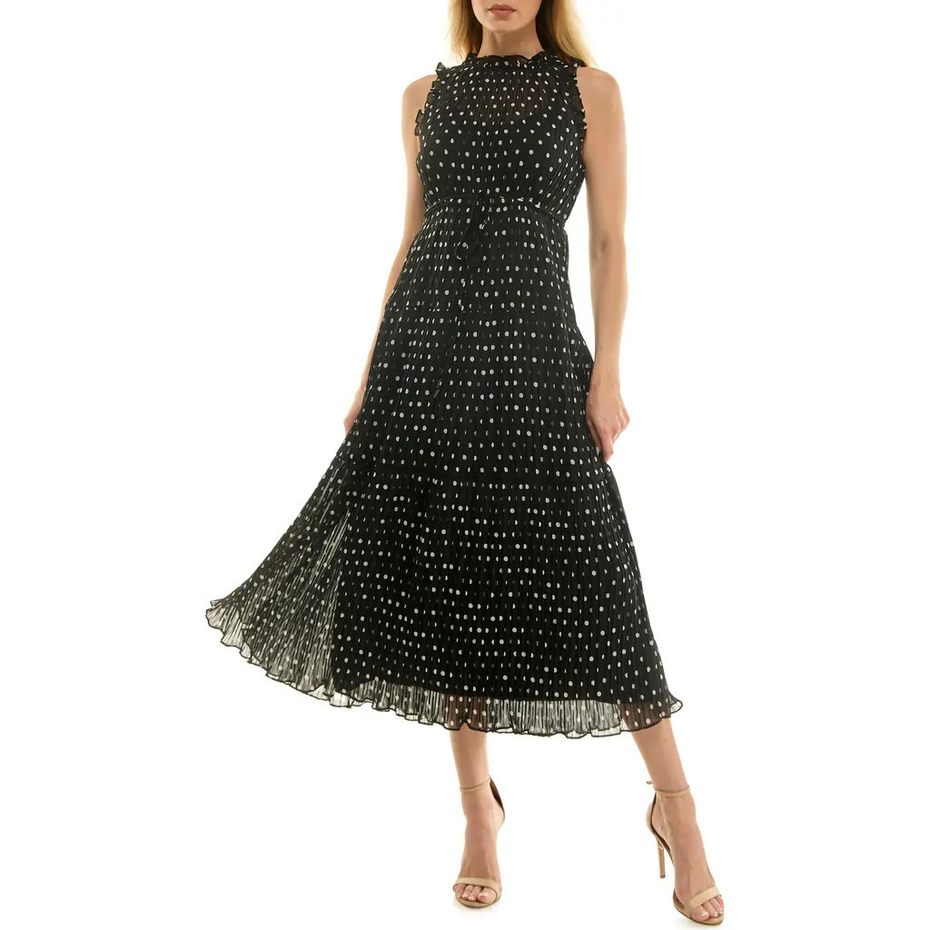 Socialite Polka Dot Sleeveless Pleated Chiffon Dress in Black/White Dot at Nordstrom, Size Small | Nordstrom