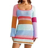 Amazon.com: Mistshopy Women Vintage Square Crochet Knitted Dress Halter Neck Hollow Out Striped M... | Amazon (US)