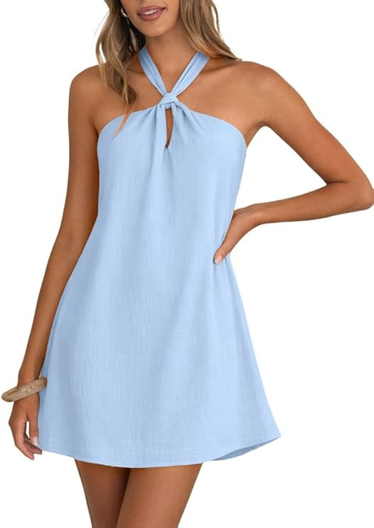 IHOT Women's Halter Neck Mini Dress Sleeveless Boho Flowy A-Line Beach Vacation Sundress | Amazon (US)