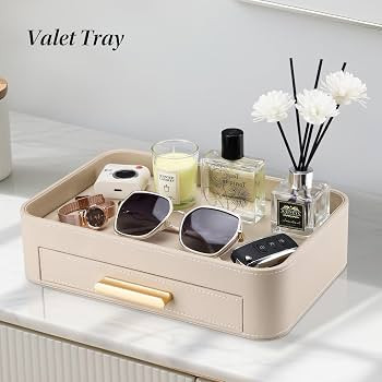 GORESE Valet Jewelry Tray Nightstand Organizer with Drawer, PU Leather Perfume Tray Trinket Trays... | Amazon (US)
