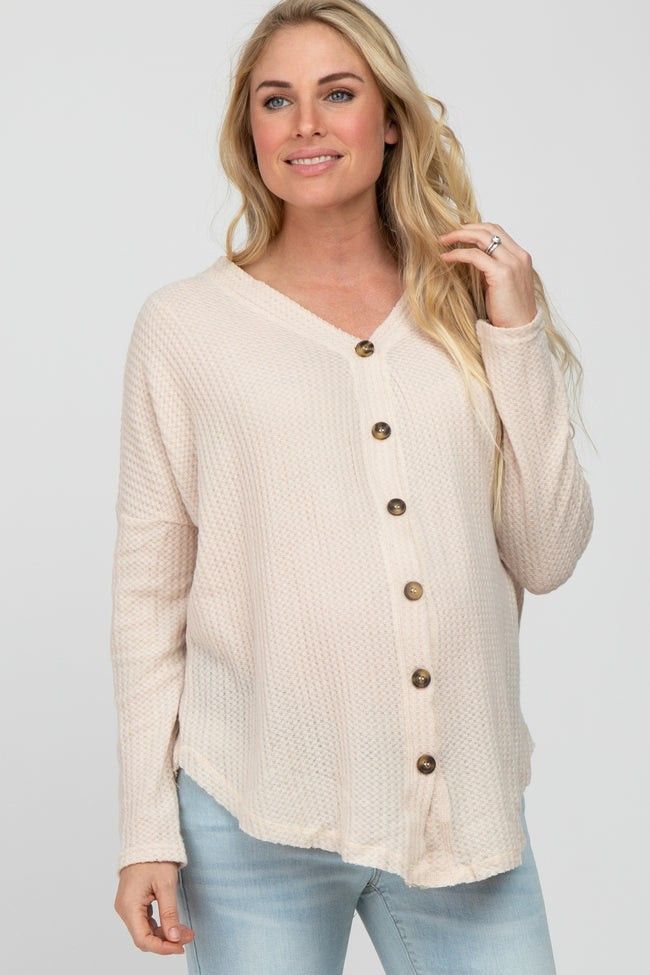 Beige Waffle Knit Button Down Maternity Top | PinkBlush Maternity