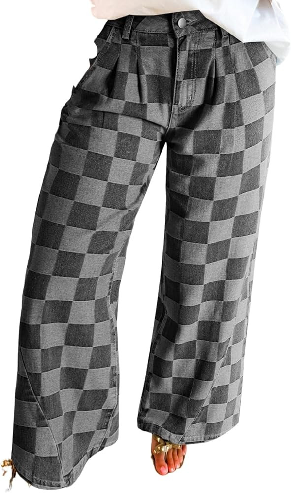 MARZXIN Womens Jeans with Pocket,Button,Zipper Dusk Blue Checkered Denim Wide Leg Jeans Pants | Amazon (US)