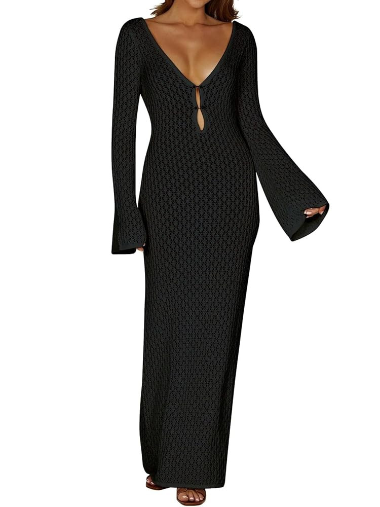 NIUVOO Women Swimsuit Crochet Long Dress Summer V Neck Long Sleeve See Through Backless Beachwear | Amazon (DE)