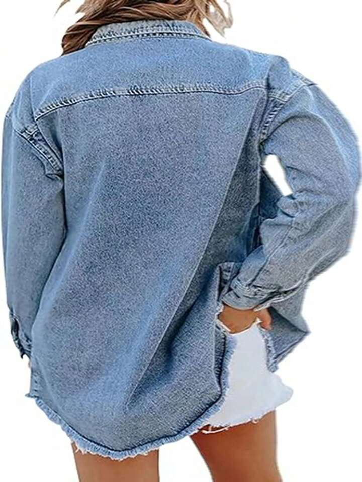 Women's Denim Shirt Loose Long Sleeved Street Style Brushed Hem Jacket | SHEIN