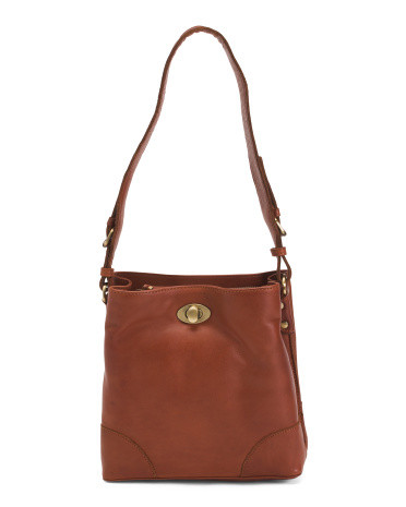 Leather Double Entry Turn Lock Bucket Bag | TJ Maxx