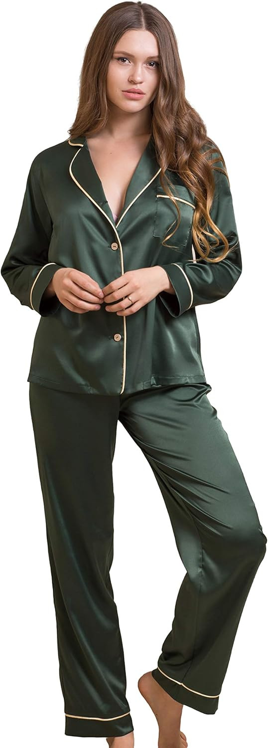 Seide Pyjamas für Frauen Set, Satin Pyjama Set Damen, Lange PJs Pyjamas Nachtwäsche | Amazon (DE)