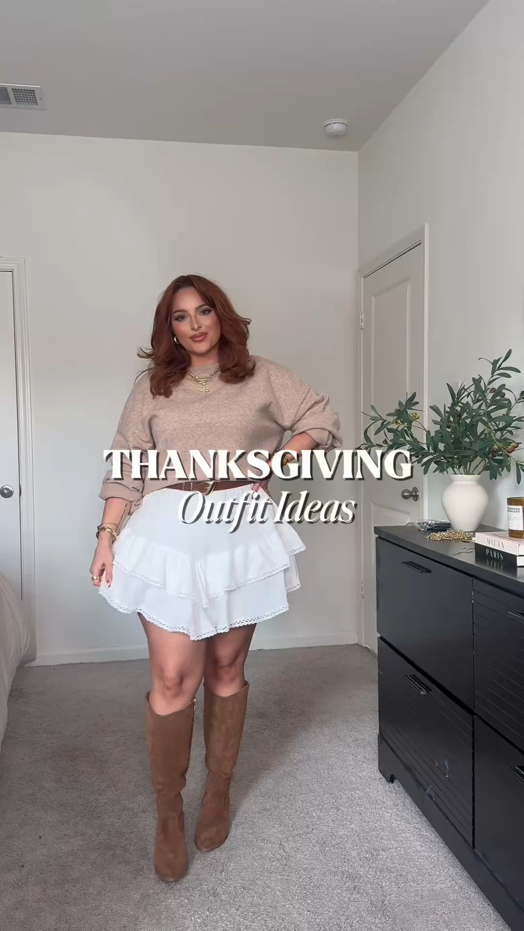 Thanksgiving outfits | ootd | fall outfits | midsize fashion 

 Outfit 1 Skirt: Xxl sized up! Sweater: XL Boots not wide calf friendly 

Outfit 2 
Bodysuit: L Skort: XL Boots have some extra room in these for a wider calf

 Outfit 3
Jeans 16 regular length I’m 5’7 
(Prefer the long length) 
Sweater: XL 

Outfit 4
Dress: L 

#LTKStyleTip #LTKMidsize #LTKHoliday