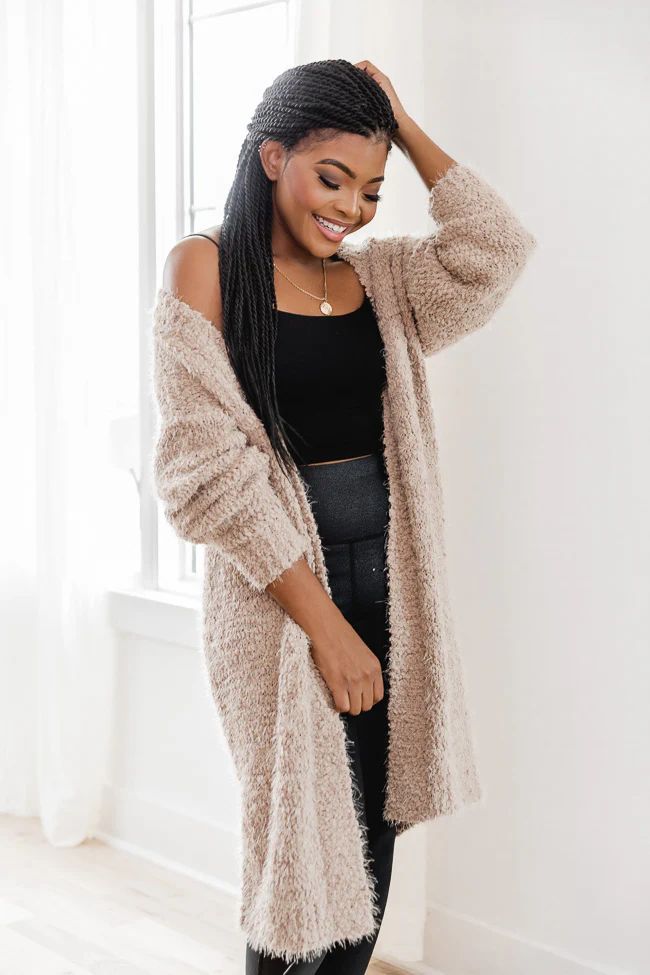 You're A Mind Reader Taupe Fuzzy Cardigan | The Pink Lily Boutique