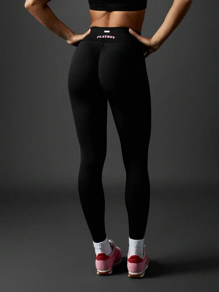 Missguided X Playboy Performance High Rise Compression Workout Leggings Moisture Wicking Athletic Yoga Running Tights With Logo Print Training Exercise Fitness Pants | SHEIN