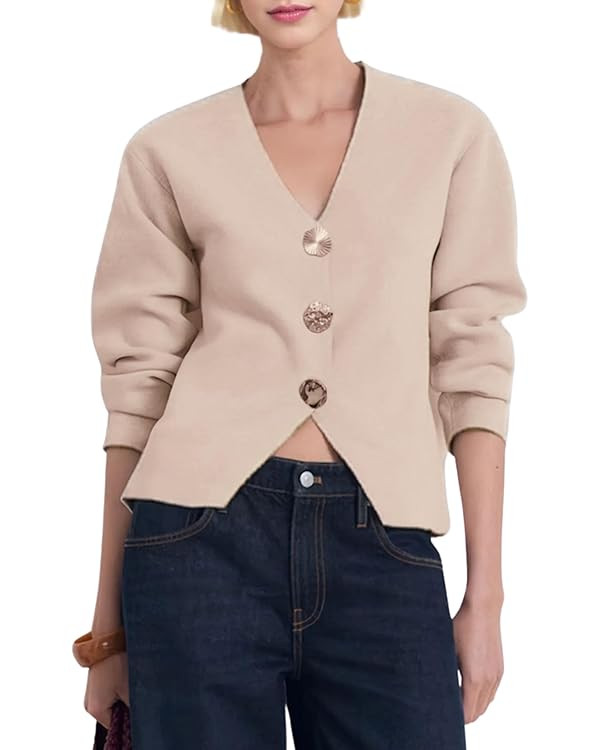 Daacee Cardigan Sweaters for Women V Neck Long Sleeve Gold Button Down Knit Cardigans Tops Outwea... | Amazon (US)