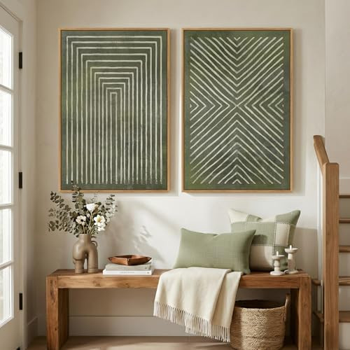 Large Framed Green Abstract Wall Art, 2 Piece Modern Canvas Prints Paintings, Minimalist Sage Green Geometric Pictures for Living Room Dining Room Bedroom Office Hallway Lounge Wall Decor 24x36 In | Amazon (US)