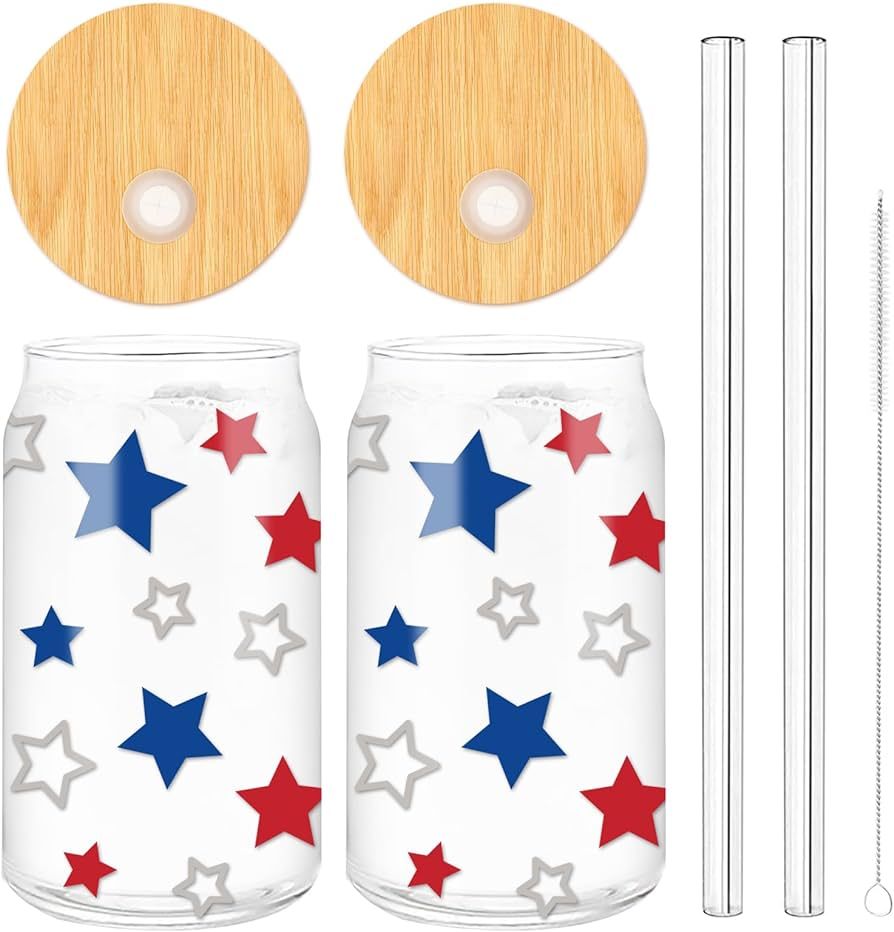 Whaline Patriotic Drinking Glasses with Bamboo Lids and Straw 4th of July Beer Can Glasses 16oz R... | Amazon (US)