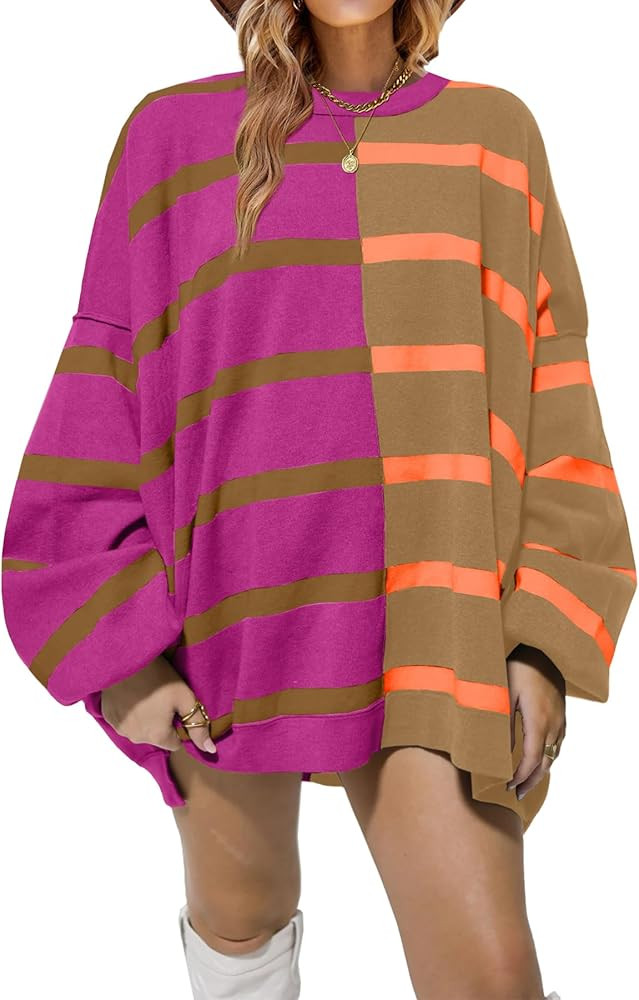 Fisoew Womens Striped Pullover Sweater Crew Neck Long Sleeve Knitted Color Block Casual Loose Lig... | Amazon (US)