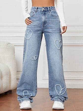 SHEIN EZwear Heart Pattern Wide Leg Jeans | SHEIN