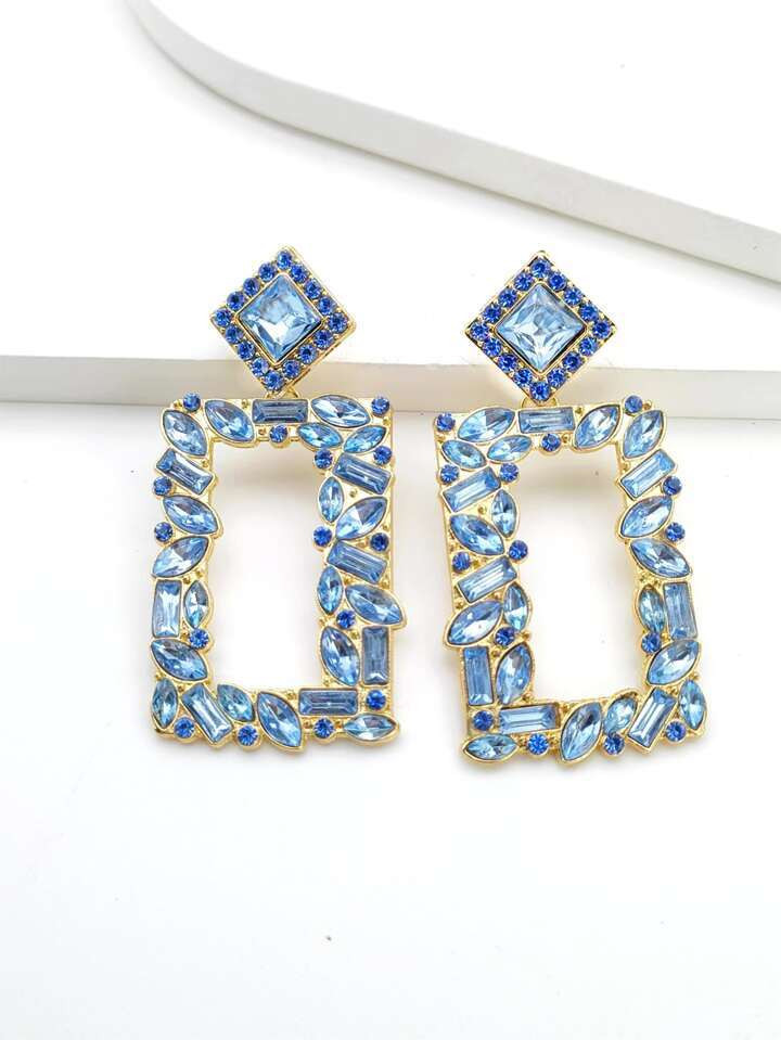 1 Pair Fashion Minimalist Geometric Metal Inlaid Multi-Size Cubic Zirconia Stud Earrings, Rhombus & Rectangle Design Suitable For Daily Wear For Women | SHEIN