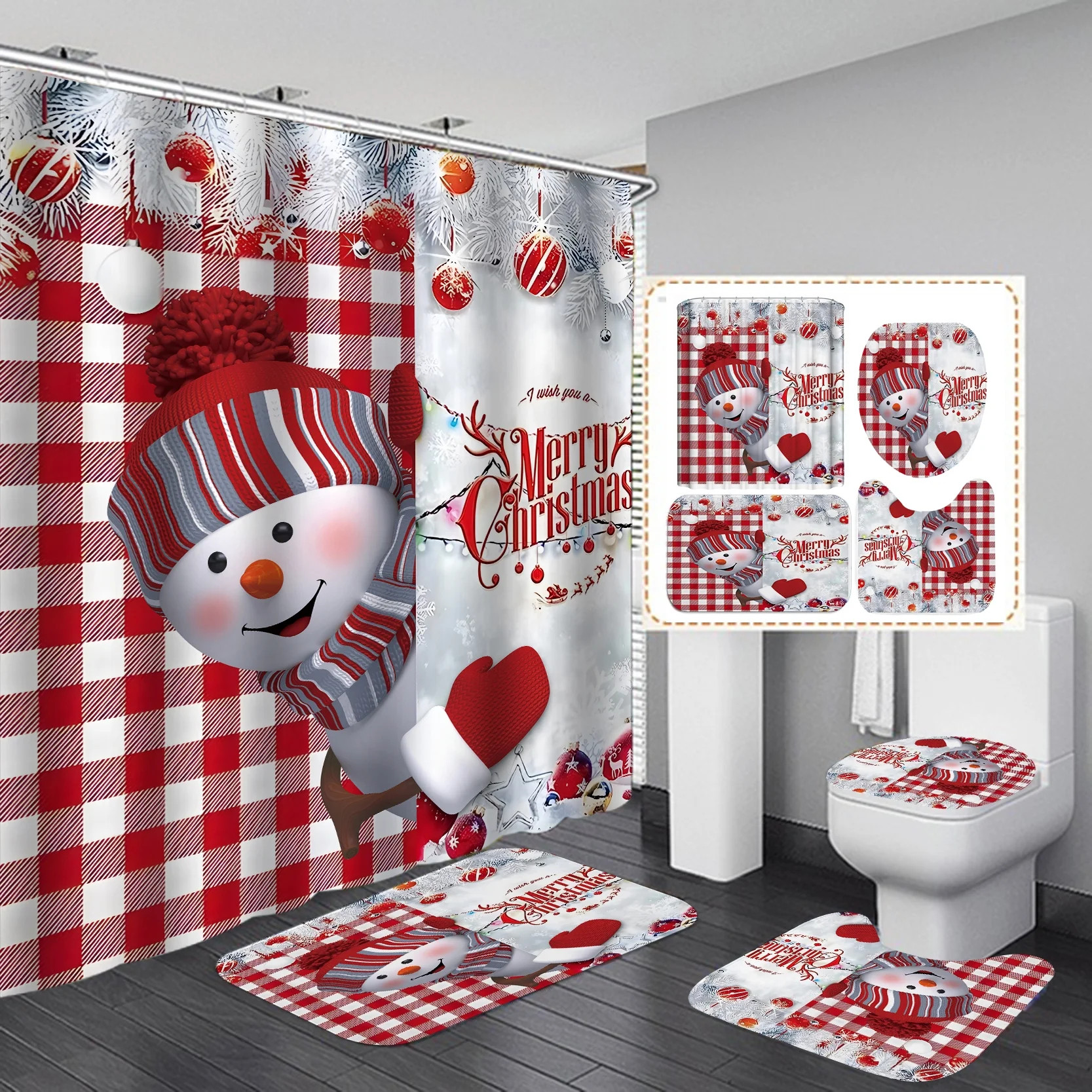 Naiyafly 4Pcs Merry Christmas Shower Curtain Sets with Non-Slip Rugs, Toilet Lid Cover and Bath M... | Walmart (US)